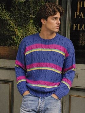 Polo Ralph Lauren 90s Knit Crewneck Sweater Blue Pink Sz XL Mens